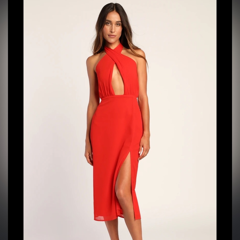 Red Cutout Twist-Front Halter Midi Dress